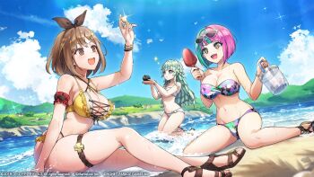 Rule 34 | 3girls, :d, arm up, artist request, atelier (series), atelier ryza, beach, bikini, blue eyes, bob cut, bow hairband, breasts, brown eyes, brown hair, brown hairband, brown sandals, character request, commentary request, day, dolphin wave, eyelashes, feet, frilled bikini, frills, green hair, hairband, hands up, highres, holding, kneeling, large breasts, legs, medium breasts, medium hair, multicolored bikini, multicolored hair, multiple girls, official art, open mouth, outdoors, pink hair, reisalin stout, sand, sandals, sitting, skindentation, smile, sparkle, strapless, strapless bikini, swimsuit, thick thighs, thigh strap, thighs, toenails, toes, two-tone hair, yellow bikini