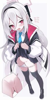 1girl black_thighhighs blue_archive blush breasts clothes_lift clothes_pull commentary_request full_body hair_between_eyes hairband halo highres izuoku jacket kei_(blue_archive) kei_(new_body)_(blue_archive) long_hair long_sleeves looking_at_viewer necktie no_pussy open_mouth panties pink_eyes shirt skirt small_breasts solo thighhighs underwear white_hair white_jacket white_panties