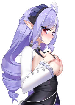 1girl ahoge artist_name black_hairband black_nails blush braid breast_curtains breast_suppress breasts closed_mouth commentary drill_hair embarrassed english_commentary frilled_sleeves frills from_side furrowed_brow hair_intakes hairband half_up_braid hands_up heart highres large_breasts long_hair long_sleeves looking_at_viewer nail_polish nipples nose_blush nyayuu96 pointy_ears purple_hair red_eyes sideboob sidelocks simple_background solo sweatdrop swept_bangs tsurime upper_body vivian_banshee wavy_mouth white_background wide_sleeves zenless_zone_zero