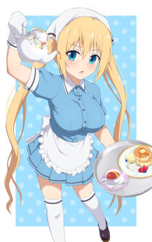 1girl apron blend_s blonde_hair blue_eyes blue_shirt blush breasts commentary_request cup eniraka food frilled_apron frills gloves hair_between_eyes headscarf highres hinata_kaho holding holding_teapot holding_tray large_breasts long_hair looking_at_viewer pancake shirt short_sleeves solo stile_uniform teacup teapot thighhighs tray twintails waist_apron waitress white_apron white_gloves white_headscarf white_thighhighs