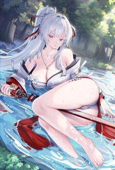 1girl absurdres ass bare_shoulders barefoot breasts chinese_commentary cleavage closed_mouth collarbone colored_eyelashes commentary_request day feet hair_intakes hair_ribbon highres hiyuki_(wuthering_waves) holding holding_sword holding_weapon japanese_clothes jewelry katana kimono kmos large_breasts long_hair looking_at_viewer lying lying_on_water nail_polish necklace off_shoulder on_side outdoors paid_reward_available panties partial_commentary ponytail red_eyes red_nails red_ribbon revision ribbon solo sword tacet_mark_(wuthering_waves) thighs toes underwear weapon wet white_eyelashes white_hair white_kimono white_panties wuthering_waves