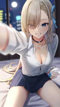 1girl :d absurdres asuna_(blue_archive) asuna_(school_uniform)_(blue_archive) black_choker black_skirt blonde_hair blue_archive blue_eyes blue_nails blue_ribbon blue_scrunchie blurry blurry_background breasts button_gap choker cleavage collarbone collared_shirt commentary cowboy_shot depth_of_field dress_shirt eyelashes eyes_visible_through_hair film_grain foreshortening full_moon grin hair_over_one_eye hair_over_shoulder hair_ribbon hair_spread_out highres indoors large_breasts leaning_forward light_blush long_hair looking_at_viewer miniskirt moon nail_polish night official_alternate_costume on_bed one_eye_covered open_mouth partially_unbuttoned pleated_skirt pov ribbon school_uniform scrunchie shirt sidelighting sidelocks sitting skirt smile solo straight_hair very_long_hair white_shirt window wrist_scrunchie yuteke_key
