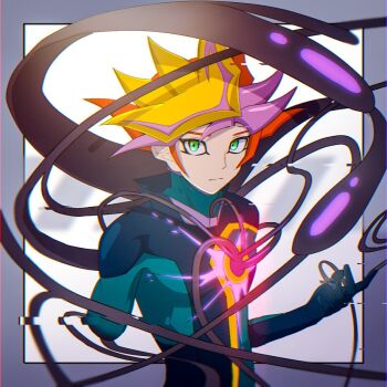 1boy alternate_form artificial_tentacles atltax_00 black_bodysuit bodysuit border colored_bangs colored_bangs expressionless facing_to_the_side fujiki_yusaku glitch green_bodysuit green_eyes grey_border hand_on_own_tentacles hand_on_tentacle hand_up highres holding_tentacle light_particles liquid looking_at_object looking_up male_focus mechanical_tentacles missing_limb monsterification parasite playmaker_(yu-gi-oh!) popped_collar red_hair spiked_hair tentacle_grab tentacles tentacles_on_male tentacles_under_clothes transformation virtual_reality white_background yellow_trim yu-gi-oh! yu-gi-oh!_vrains