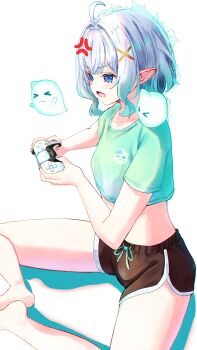 1girl ahoge amezato_noin anger_vein black_shorts blue_eyes commentary controller crop_top dolphin_shorts dualsense game_controller ghost gradient_hair green_hair green_nails green_shirt grey_hair hair_intakes hair_ornament highres holding holding_controller holding_game_controller indie_virtual_youtuber mint_fantome multicolored_hair nail_polish open_mouth playing_games playstation_controller pointy_ears shirt short_hair shorts simple_background sitting solo symbol-only_commentary t-shirt virtual_youtuber white_background x_hair_ornament