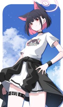 Rule 34 | 1girl, animal ears, belt, black choker, blue archive, cat ears, cat girl, choker, clothes around waist, colored inner animal ears, colored inner hair, extra ears, halo, hand on own hip, highres, jacket, jacket around waist, kazusa (band) (blue archive), kazusa (blue archive), multicolored hair, pink halo, print shirt, red eyes, sasanoha (sasanoha0712), shirt, smile, solo, thigh belt, thigh strap, two-tone hair