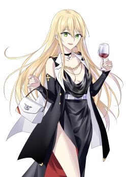 1girl absurdres aiguillette alcohol alternate_costume bag bare_legs bird_pin black_choker black_dress black_jacket blonde_hair breasts choker cleavage collarbone cross cross_choker cup detached_sleeves dress drinking_glass earrings epaulettes fingernails girls&#039;_frontline green_eyes hair_between_eyes handbag highres holding holding_cup iron_cross jacket jewelry lapels long_hair looking_at_viewer medium_breasts open_clothes open_jacket open_mouth plunging_neckline simple_background sleeveless sleeveless_dress sleeveless_jacket smile solo stg44_(girls&#039;_frontline) suprii white_background wine wine_glass
