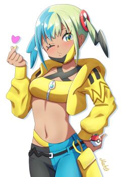 1girl absurdres bandeau belt black_belt canari_(pokemon) closed_mouth commentary_request cropped_jacket eyelashes finger_heart hand_up heart highres holding holding_poke_ball hood hood_down hooded_jacket jacket long_sleeves maho_(corotonton5150) mask mask_pull mouth_mask multicolored_eyes multicolored_hair nail_polish navel nintendo one_eye_closed open_clothes open_jacket pants poke_ball poke_ball_(basic) pokemon pokemon_legends:_z-a short_twintails solo twintails yellow_bandeau yellow_jacket zipper zipper_pull_tab