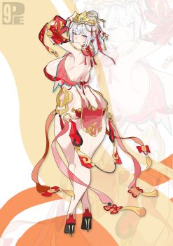 1girl absurdres ass breasts butt_crack commentary high_heels highres ji_chenxing ji_chenxing_-_jade_arc large_breasts official_alternate_costume pencil9 revealing_clothes snowbreak:_containment_zone solo white_hair