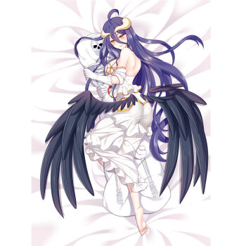 1girl ahoge albedo_(overlord) ass barefoot black_wings commentary_request dakimakura_(medium) dakimakura_(object) dress erspace hair_between_eyes horns hug long_hair low_wings overlord_(maruyama) pillow skeleton smile solo very_long_hair white_background white_dress wings yellow_eyes