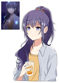 1girl absurdres anime_screenshot_inset asahina_mafuyu closed_mouth collarbone collared_shirt commentary cropped_torso crossed_bangs cup derivative_work english_commentary expressionless glass grey_shirt hair_ornament hair_over_shoulder hair_scrunchie high_ponytail highres holding holding_cup jiraffe_neck kowareta_sekai_to_utaenai_miku long_hair looking_ahead open_clothes open_shirt orange_scrunchie orange_shirt ponytail project_sekai purple_eyes purple_hair reference_inset screenshot_inset scrunchie shirt sidelocks simple_background solo t-shirt twitter_username upper_body white_background