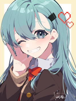1girl absurdres black_jacket blue_eyes blush border bow brown_border collared_shirt commentary_request commission eyelashes grin hair_ornament hairclip heart highres jacket kantai_collection long_hair long_sleeves looking_at_viewer nekoma_hikaru orange_bow school_uniform shirt signature skeb_commission smile solo suzuya_(kancolle) upper_body