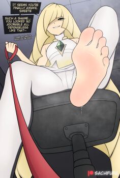1girl artist_name bare_shoulders barefoot blonde_hair blunt_ends chair dress eyelashes feet femdom foot_focus foot_out_of_frame from_below green_eyes hair_over_one_eye highres holding holding_leash indoors leash leggings long_hair looking_at_viewer lusamine_(pokemon) nintendo office_chair one_eye_covered pokemon pokemon_sm pov sachifufu short_dress sitting soles solo speech_bubble sweat swivel_chair toes very_long_hair viewer_on_leash white_dress white_leggings