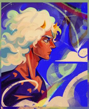 1boy arizuume artist_name blue_eyes blue_shirt clothing_cutout cloud commentary curly_eyebrows curly_hair dark-skinned_male dark_skin fake_horns from_side highres horns jojo_no_kimyou_na_bouken looking_ahead male_focus profile shirt solo stone_ocean weather_report white_hair yellow_horns