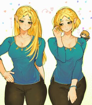 Rule 34 | adjusting hair, arm at side, bracelet, breasts, chibi, cleavage, collarbone, dual persona, hair ornament, hairclip, hand on own hip, heart, highres, jewelry, link, long hair, medium breasts, nintendo, parted bangs, pointy ears, princess zelda, shanodesu, short hair, sweatdrop, the legend of zelda, the legend of zelda: breath of the wild, the legend of zelda: tears of the kingdom