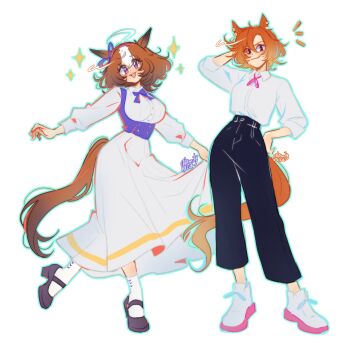 2girls absurdres ahoge animal_ears black_pants blue_bow blue_bowtie blue_vest blush bow bowtie breasts brown_hair calamity_brezze closed_mouth commentary double-parted_bangs dress ear_ornament ear_ribbon english_commentary hair_between_eyes hairband highres horse_ears horse_girl horse_tail large_breasts long_sleeves looking_at_viewer medium_hair meisho_doto_(umamusume) multicolored_hair multiple_girls neck_ribbon open_mouth orange_hair orange_tail pants pink_hairband purple_eyes ribbon shirt shoes short_hair smile socks sparkle t.m._opera_o_(umamusume) tail two-tone_hair umamusume vest white_dress white_hair white_shirt white_socks