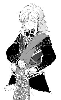 1boy adjusting_belt closed_mouth coat commentary_request cowboy_shot earrings facial_mark fur-trimmed_coat fur_trim greyscale hair_between_eyes half-closed_eyes jewelry link long_hair long_sleeves male_focus monochrome nintendo pointy_ears renyuu sidelocks solo the_legend_of_zelda the_legend_of_zelda:_tears_of_the_kingdom white_background