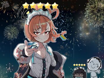 Rule 34 | 1boy, 2girls, absurdres, aerial fireworks, ahoge, blue archive, braid, bubble99, center frills, chibi, chibi inset, closed mouth, cocktail glass, collarbone, commentary request, cup, cupping glass, doodle sensei (blue archive), drinking glass, fireworks, frills, hair between eyes, halo, highres, huge ahoge, jacket, karin (blue archive), korean commentary, looking at viewer, maid headdress, multiple girls, neru (blue archive), night, orange hair, red eyes, sensei (blue archive), shirt, short hair, side braid, single braid, sky, smile, smirk, solo focus, star (symbol), sukajan, tsurime, white shirt