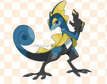 1other 2022 artist_name blue_skin checkered_background colored_extremities colored_skin commentary dated dynamic_pose english_commentary finger_gun fins gen_8_pokemon inteleon legs_apart lizard_tail nintendo no_humans pokemon pokemon_(creature) pokemon_focus redesign segamastergirl solo standing tail yellow_eyes