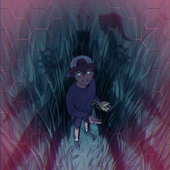 1boy :d backwards_hat blue_shirt blue_shorts brown_hair bug creature from_above full_body glowing glowing_eyes grass green_eyes guding_nut hat hexagon holding_bug in_shadow lee_gilyoung looking_up male_focus monster omniscient_reader&#039;s_viewpoint open_mouth outstretched_hand pov praying_mantis shadow shirt short_hair shorts smile socks solo standing tall_grass white_socks