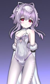 1girl absurdres ahoge armored_leotard bare_shoulders blush breasts cleavage closed_mouth commentary_request covered_navel detached_sleeves frills goddess_of_victory:_nikke hair_intakes highres langley1000 leotard liberalio_(nikke) long_sleeves looking_at_viewer pantyhose purple_hair purple_trim red_eyes short_hair skirt sleeves_past_fingers sleeves_past_wrists small_breasts smile solo tube white_leotard white_pantyhose