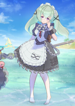 1girl absurdres animal_bag apron barefoot beach bear_bag belt black_bow black_dress boat bow chain circular_saw commentary_request corin_wickes dress green_hair hair_between_eyes highres holding holding_saw long_hair looking_at_viewer maid maid_headdress outdoors pinya_k puffy_short_sleeves puffy_sleeves purple_eyes saw screw_hair_ornament short_sleeves solo standing twintails water watercraft white_apron zenless_zone_zero