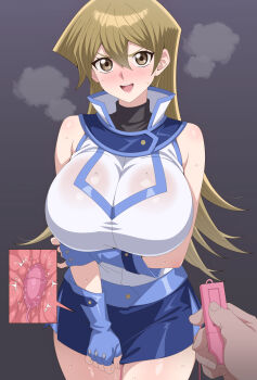 1boy 1girl anime_coloring arm_under_breasts blonde_hair blue_sky blush breasts brown_eyes commentary_request cross-section dildo duel_academy_uniform_(yu-gi-oh!_gx) egg_vibrator grey_background hand_on_own_arm highres holding holding_sex_toy huet-pc large_breasts long_hair looking_at_viewer miniskirt object_insertion open_mouth pov pov_hands remote_control_vibrator sex_toy shirt skirt skirt_tug sky sleeveless sleeveless_shirt solo_focus standing tenjouin_asuka v-shaped_eyebrows vaginal vaginal_object_insertion vibrator white_shirt yu-gi-oh! yu-gi-oh!_gx