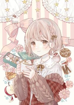 1girl animal animal_on_shoulder apple arm_scarf beads bird bird_on_shoulder bow bowtie box braid brown_bow brown_bowtie brown_cardigan brown_eyes brown_hair buttons candy cardigan center_frills cinnamon_roll closed_mouth collared_shirt cup fingernails floral_print flower food frills fruit hair_bow hands_up highres holding holding_cup hot_chocolate jar java_sparrow looking_at_viewer open_cardigan open_clothes orange_bow original pie pie_slice pink_flower plaid_clothes plaid_scarf red_scarf ribbed_cardigan scarf shirt short_hair side_braid sleeves_past_wrists smile star_(symbol) striped_bow tententuyu upper_body white_shirt