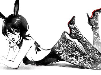 1girl animal_ears ass backless_outfit bare_shoulders bead_bracelet beads black_hair black_leotard black_shoes bleach bracelet breasts hair_between_eyes head_on_hand high_heels jewelry kuchiki_rukia lace lace_pantyhose lace_pantyhose_hooked_on_heel_(meme) leotard medium_breasts medium_hair meme monochrome pantyhose parted_lips playboy_bunny rabbit_ears shirohakune shoes sideboob solo spot_color strappy_heels thighs white_background