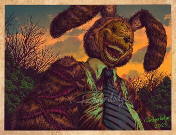 1boy 2025 animal_ears animal_nose apron artist_name blue_necktie brown_fur cloud collared_apron commentary dusk english_commentary furry furry_male highres horror_(theme) lorenzo_waterman male_focus necktie no_humans open_mouth orange_sky outdoors procreate_(medium) rabbit_boy rabbit_ears rogerdodgerart scar shirt sky smile solo striped_fur striped_necktie tales_of_the_pumpkin_rabbit teeth the_walten_files tree upper_body white_apron yellow_mask