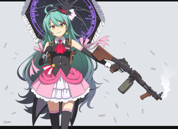 1girl black_gloves black_thighhighs dress elbow_gloves frilled_dress frilled_skirt frilled_umbrella frills gloves green_hair gun hat holding holding_umbrella long_hair magical_girl original pink_ribbon ribbon skirt smile smoke smoking_barrel stolas_(lemegeton) submachine_gun thighhighs top_hat umbrella weapon yellow_eyes