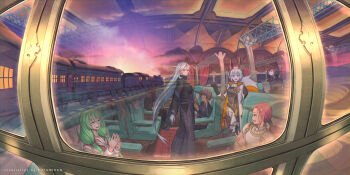 2boys 5girls artist_name black_gloves blue_eyes book breasts brown_eyes brown_hair closed_mouth commentary_request gloves green_hair grey_hair hair_over_one_eye highres holding holding_book long_hair long_sleeves looking_at_another looking_at_viewer low_ponytail low_twintails medium_breasts multiple_boys multiple_girls nagi_itsuki open_book open_mouth original pixiv_fantasia pixiv_fantasia_scepter_of_zeraldia ponytail reading red_eyes red_hair short_hair sitting smile standing teeth train train_interior twintails upper_teeth_only white_gloves