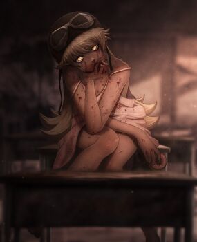 bakemonogatari blonde_hair blood blood_on_face blood_splatter classroom desk donut flat_expression food glowing glowing_eyes goggles head_on_arm highres long_hair looking_at_viewer manip monogatari_(series) oshino_shinobu pointy_ears sepia staring yellow_eyes