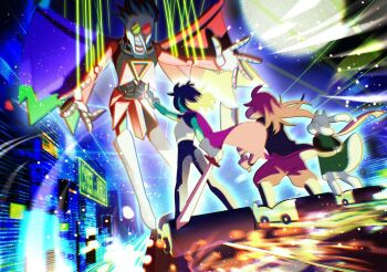 1girl 1other 2boys axe black_bodysuit black_hair blue_skin bodysuit boots cape colored_skin deltarune doll_joints furry furry_female furry_male gloves goat_boy heterochromatic_eyewear highres holding holding_axe holding_sword holding_weapon joints kris_(dark_world)_(deltarune) kris_(deltarune) long_hair long_nose mechanical_wings multiple_boys pants pink_cape pink_scarf pointy_nose puppet_strings purple_hair purple_pants round_eyewear scarf short_hair spamton_g._spamton spamton_neo susie_(dark_world)_(deltarune) susie_(deltarune) sword thigh_boots tinted_eyewear utdr_(toby_fox) valve_core weapon white_boots white_gloves wings