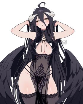 1girl :o adjusting_hair ahoge albedo_(overlord) armpits arms_behind_head arms_up bare_shoulders black_dress black_feathers black_hair black_panties black_thighhighs black_wings blush breasts cleavage clothing_cutout covered_navel demon_girl demon_horns dress feathered_wings feathers hair_between_eyes hair_flowing_over hair_lift hair_spread_out hand_in_own_hair hands_in_own_hair highleg highleg_panties highres holding holding_own_hair horns huge_breasts lace lace-trimmed_thighhighs lace_trim large_breasts lich long_hair looking_at_viewer low_horns low_wings midriff multi-strapped_panties navel open_mouth overlord_(maruyama) panties parted_lips pelvic_curtain revealing_clothes see-through_clothes see-through_dress see-through_pelvic_curtain side_slit simple_background sleeveless sleeveless_dress solo stomach string_panties thighhighs thighs thong underwear very_long_hair vivianvalenart white_background white_horns wings yellow_eyes
