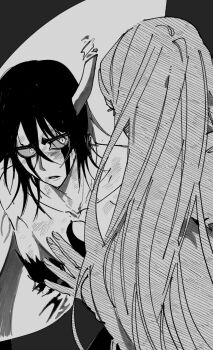 1boy 1girl amputee black_hair bleach dirty dirty_face facial_mark furrowed_brow greyscale hair_ornament hand_on_own_chest highres hole_in_chest hole_on_body horns inoue_orihime long_hair looking_at_another medium_hair monochrome nul parted_lips snowflake_hair_ornament topless_male ulquiorra_cifer upper_body