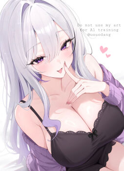 1girl absurdres artist_name bare_shoulders blush breasts camisole cardigan cleavage collarbone commentary commission double-parted_bangs finger_to_mouth fingernails hair_between_eyes hair_intakes hand_up heart highres indie_virtual_youtuber large_breasts long_fingernails long_hair long_sleeves looking_at_viewer mamiya_ruko_(vtuber) mole mole_under_eye nail_polish namedango_(uouodango) off_shoulder open_mouth pink_nails purple_cardigan purple_eyes simple_background sitting sleepwear smile solo symbol-only_commentary thighs very_long_hair virtual_youtuber watermark white_background white_hair
