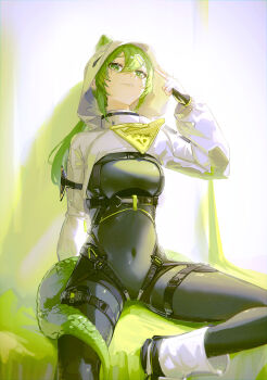 1girl absurdres arknights arknights:_endfield black_bodysuit bodysuit boots commentary_request covered_navel dudrinm fingerless_gloves fluorite_(arknights) gloves green_eyes green_hair hair_through_hood highres hood hood_up hooded_shrug lizard_tail long_sleeves looking_up parted_lips puffy_long_sleeves puffy_sleeves reptile_girl shrug_(clothing) sitting smile solo tail white_boots white_gloves white_shrug