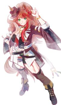 Rule 34 | 1girl, adjusting eyewear, animal ears, black boots, black shirt, black shorts, black thighhighs, blush, boots, breasts, brown hair, c4457755371329c, chain necktie, choker, commentary request, ears through headwear, fedora, forever young (racing) (umamusume), forever young (umamusume), full body, green choker, green eyes, hand on own hip, hat, highres, holding, holding removed eyewear, horse ears, horse girl, jacket, jewelry, long hair, looking at viewer, medium breasts, multicolored hair, necktie, open mouth, purple-tinted eyewear, red-tinted eyewear, red jacket, red streaks, shirt, shorts, shorts under skirt, simple background, skirt, smile, solo, streaked hair, sunglasses, thighhighs, tinted eyewear, umamusume, unworn eyewear, white background, white necktie, white skirt, white streaks