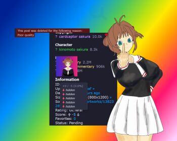 1girl antenna_hair bakamangaka black_shirt brown_hair cardcaptor_sakura closed_mouth commentary cowboy_shot danbooru_(site) english_commentary green_eyes kinomoto_sakura long_sleeves looking_at_viewer middle_finger miniskirt necktie pleated_skirt rainbow_background self-upload shirt short_hair skirt tag_(concept) two_side_up white_necktie white_skirt