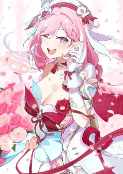 1girl absurdres braid braided_bangs breasts cleavage commentary cowboy_shot diamond-shaped_pupils diamond_(shape) dress elysia_(hi_love_elf)_(honkai_impact) elysia_(honkai_impact) english_commentary gloves hair_ornament hand_up hat heart heart_hair_ornament highres honkai_(series) honkai_impact_3rd large_breasts long_hair looking_at_viewer multicolored_hair mush_(mushlicious) one_eye_closed open_mouth pink_hair pointy_ears purple_eyes single_bare_shoulder smile solo streaked_hair symbol-shaped_pupils white_dress white_gloves white_hat