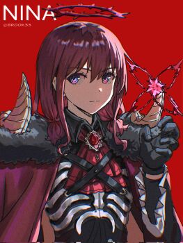 Rule 34 | 1girl, 33brook33, black gloves, blue eyes, brooch, cape, character name, closed mouth, commentary, girls band cry, girls band cry rpg, gloves, hair between eyes, halo, highres, horns, iseri nina, jewelry, looking at viewer, low twintails, medium hair, multicolored hair, red background, red cape, red hair, roots (hair), sidelocks, simple background, solo, symbol-only commentary, twintails, upper body