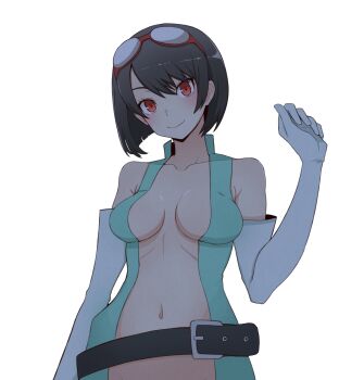 adapted_costume ayu_(ddestiny944) bare_shoulders belt black_hair breasts brown_eyes cleavage cowboy_shot digimon digimon_story:_time_stranger gloves goggles green_vest highres medium_breasts navel short_hair simple_background vest white_background white_gloves yuuki_kanan