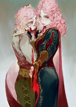 Rule 34 | 2girls, baldur's gate, baldur's gate 3, blood, blood on face, blue eyes, blush, dagger, dungeons & dragons, dungeons &amp; dragons, freckles, heterochromia, highres, holding, holding dagger, holding knife, holding weapon, juliet sleeves, knife, kuzen, long hair, long sleeves, looking at viewer, medium hair, multiple girls, pink hair, puffy sleeves, red eyes, tav (baldur's gate), weapon, yellow eyes