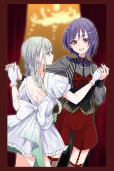 2girls back_bow bang_dream! bang_dream!_it&#039;s_mygo!!!!! black_vest blunt_bangs blurry blurry_background border bow braid brooch brown_thighhighs chandelier closed_mouth commentary_request corset cowboy_shot curtains dancing dress frilled_dress frilled_gloves frills garter_straps gloves gradient_bow green_bow grey_hair grey_shirt gumoyu hair_between_eyes hands_up high-waist_shorts highres holding_hands indoors interlocked_fingers jewelry long_sleeves looking_at_another looking_at_viewer low_twin_braids low_twintails mortis_(bang_dream!) mortis_(costume)_(bang_dream!) multiple_girls necklace official_alternate_costume official_alternate_hairstyle open_mouth pearl_necklace pink_eyes profile purple_hair red_border red_shorts see-through_clothes see-through_sleeves shirt short_hair short_sleeves shorts smile striped_clothes striped_vest thighhighs twin_braids twintails two-tone_bow vertical-striped_clothes vertical-striped_vest vest wakaba_mutsumi white_bow white_dress white_gloves yellow_eyes yuri