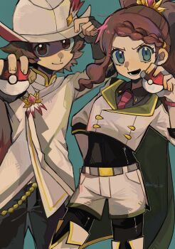 Rule 34 | 1boy, 1girl, belt, black bodysuit, blue eyes, bodysuit, bodysuit under clothes, brown eyes, brown hair, cape, green cape, grey belt, hat feather, highres, hilbert (champion) (pokemon), hilbert (pokemon), hilda (champion) (pokemon), hilda (pokemon), holding, holding poke ball, miiig 33, nintendo, poke ball, pokemon, pokemon masters ex, shorts, tiara, white shorts