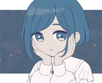 1girl blue_eyes blue_hair collared_shirt commentary_request frilled_shirt frills fukurai_azami hands_on_own_cheeks hands_on_own_face hands_up kisa_yukika long_sleeves looking_at_viewer shirt short_hair solo toshi_densetsu_kaitai_center upper_body white_shirt