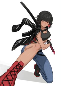 1girl black_boots black_hair boots dark-skinned_female dark_skin denim evil_rat jacket jacket_on_shoulders jeans katana multicolored_hair muscular muscular_female pants red_boots red_eyes short_hair sword tattoo toned toned_female two-tone_hair weapon
