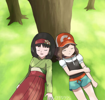 2girls against_tree age_difference baseball_cap black_hair breasts brown_hair cellphone child closed_eyes curled_fingers day elaine_(pokemon) erika_(pokemon) eyelashes fankifalu female_focus flat_chest grass gym_leader hair_ornament hair_through_headwear hairband hat highres holding_own_arm japanese_clothes kimono legs long_hair long_sleeves medium_hair multiple_girls nature neck nintendo outdoors parted_lips phone pokemon pokemon_lgpe ponytail resting short_shorts short_sleeves shorts sidelocks sleeping small_breasts swept_bangs tree