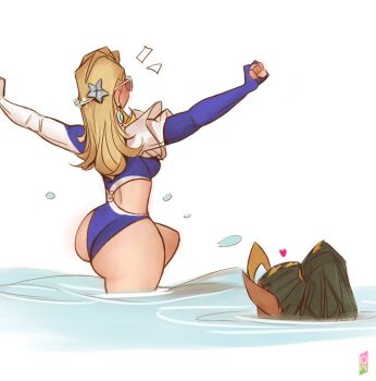 1boy 1girl ass blonde_hair breasts commentary curvy fantastic_four hetero highres huge_ass large_breasts looking_at_another marvel marvel_rivals namor official_alternate_costume painterly phelippetom pointy_ears ponytail shiny_skin sue_storm sue_storm_(azure_shade) swimsuit symbol-only_commentary water wide_hips
