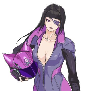 1girl black_hair blunt_bangs bodysuit breasts cleavage collarbone eyepatch han_juri helmet highres hjr81738281 long_hair purple_bodysuit purple_eyes simple_background solo street_fighter tagme upper_body white_background